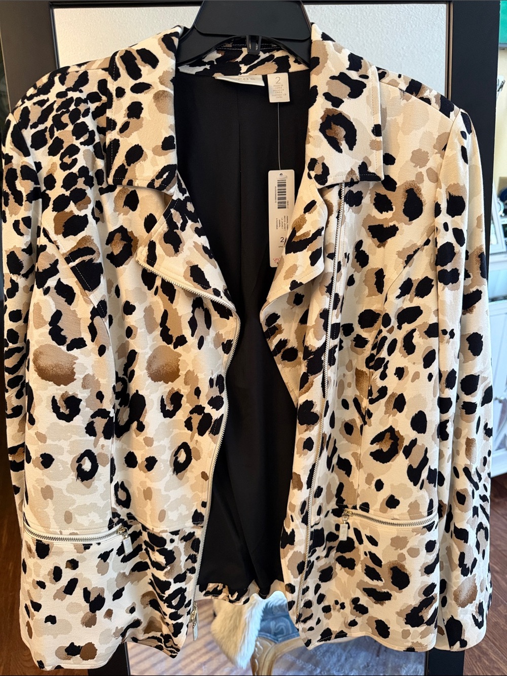NEW Chico's Leopard-Print Zip-Front Jacket in Black, Tan & Cream